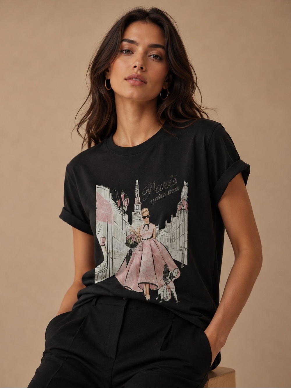 Paris Graphic Tee Black Pink French Bulldog Shirt 2XL Cute Chic